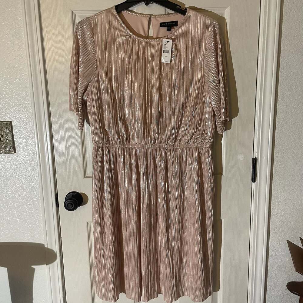 Lane Bryant Metallic Pink Plisse Pleated Short Sleeve Midi Dress NWT
